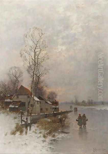 Walking home on a winters day at dusk Oil Painting by Johann Jungblutt