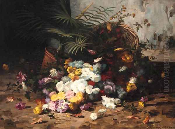 Summer flowers spilling from a basket Oil Painting by Marguerite Jacqueline