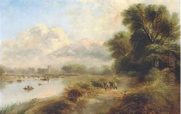 Figures and a donkey on a track by a river, with a bridge and town beyond Oil Painting by Henry Jutsum