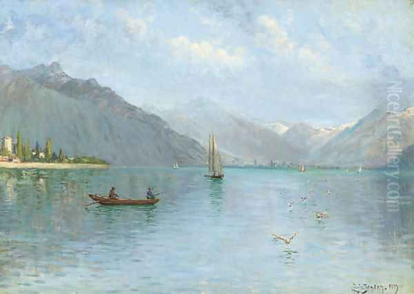 Fishing on Lake Lugano Oil Painting by Louis Isak Napoleon Jensen