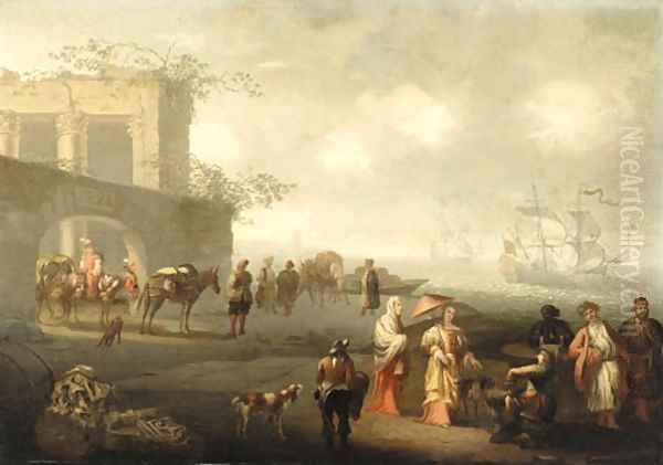 A Coastal Landscape with elegant Figures and Travellers by the Walls of a City Oil Painting by Jacobus De Jonckheer