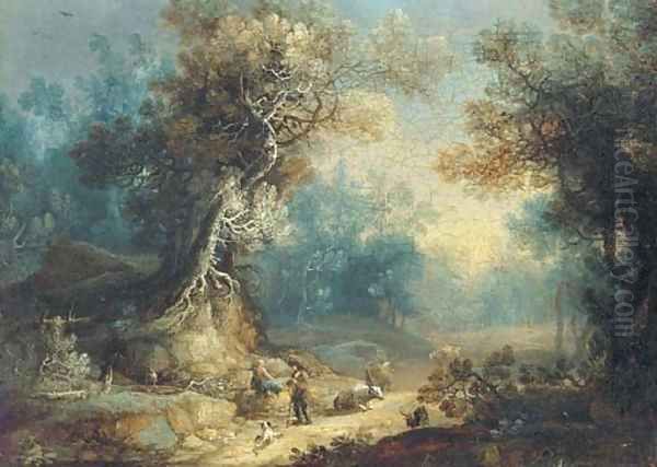 A wooded landscape with a shepherd and shepherdess at rest on a track Oil Painting by Frans Christoph Janneck