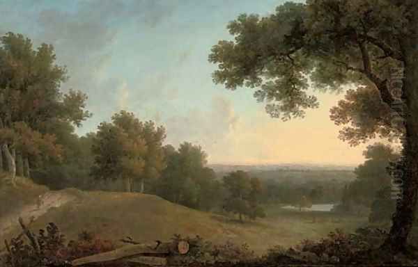 A view at Westhamble, Surrey, with a figure on a track, a lake in the distance Oil Painting by William George Jennings