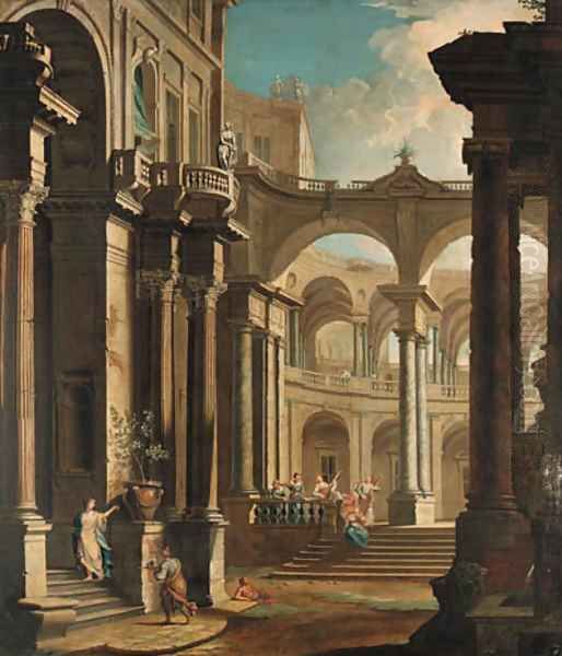 A capriccio of the courtyard of a baroque palace with musicians and other figures Oil Painting by Antonio Joli