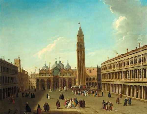 The Piazza San Marco, Venice, looking east, with a performance of the Commedia dell'Arte beneath the Campanile Oil Painting by Antonio Joli