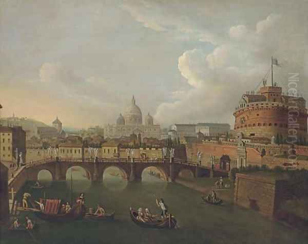 The Tiber, Rome, looking towards the Ponte Sant'Angelo and the Castel Sant'Angelo, Saint Peter's beyond Oil Painting by Antonio Joli