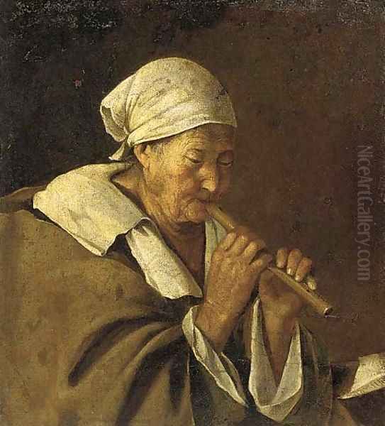 An old woman playing a flute Oil Painting by Lambert Jacobsz or Jacobs