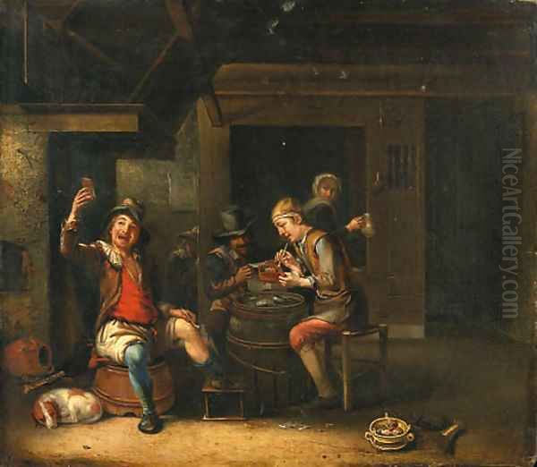 Peasants playing cards and smoking in a tavern Oil Painting by Justus Juncker