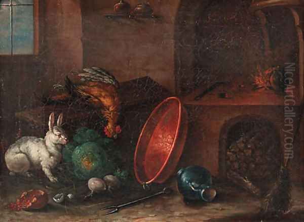 A rabbit near a cabbage, a copper pan and other utensils in a kitchen Oil Painting by Justus Juncker