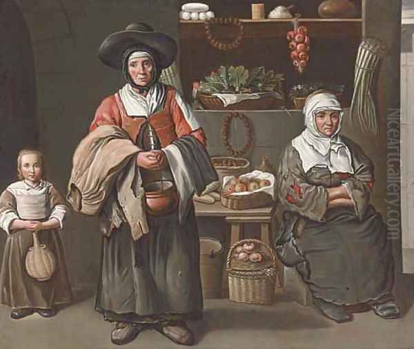 A young girl, a woman and an elderly woman selling vegetables, fruit, bread, nuts and wine Oil Painting by The Maitre Des Jeux