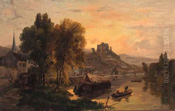 A river town with a castle beyond Oil Painting by Dominique Adolphe Grenet De Joigny