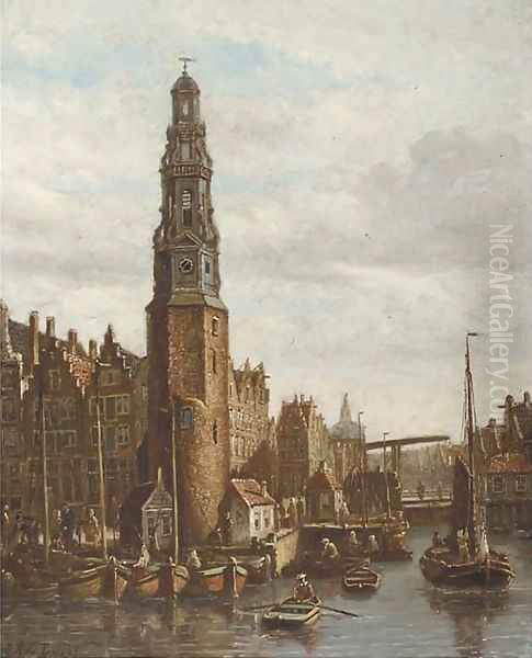 Daily activities around the Haringpakkerstoren Oil Painting by Oene Romkes De Jongh