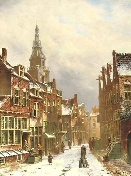 A snow covered street Oil Painting by Oene Romkes De Jongh