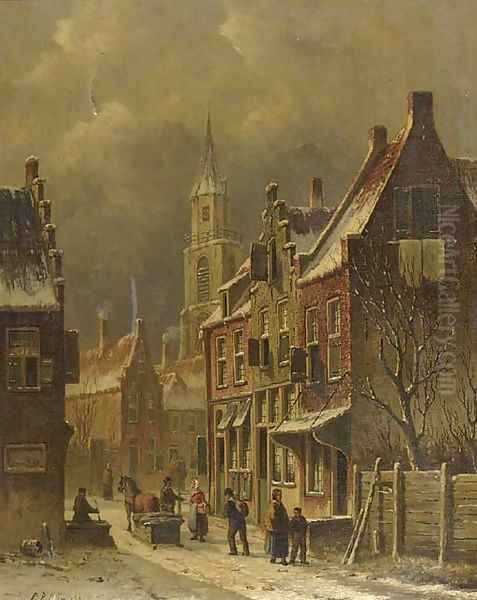 A townview in winter with figures conversing Oil Painting by Oene Romkes De Jongh