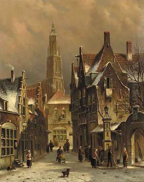 Numerous townsfolk in a city in winter Oil Painting by Oene Romkes De Jongh