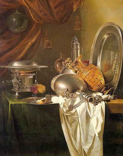 Still Life with Chafing Dish, Pewter, Gold, Silver, and Glassware Oil Painting by Willem Kalf