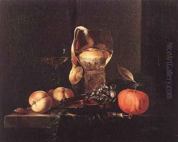 Still-Life with Silver Bowl, Glasses, and Fruit 1658 Oil Painting by Willem Kalf