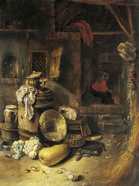 The courtyard of a cottage with a peasant by a fire Oil Painting by Willem Kalf