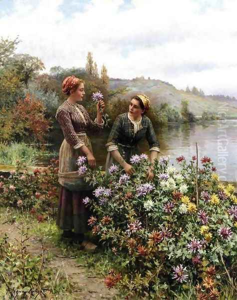 Peasant Girls In Flower Garden Oil Painting by Daniel Ridgway Knight