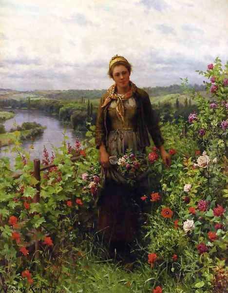 A Maid In Her Garden Oil Painting by Daniel Ridgway Knight