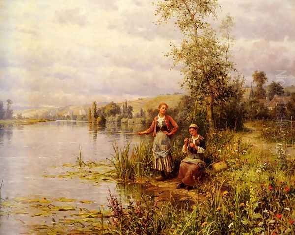 Country Women Fishing On A Summer Afternoon Oil Painting by Daniel Ridgway Knight