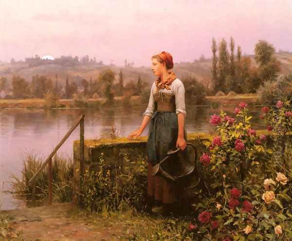 A Woman With A Watering Can By The River Oil Painting by Daniel Ridgway Knight