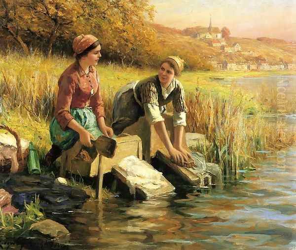 Women Washing Clothes By A Stream Oil Painting by Daniel Ridgway Knight