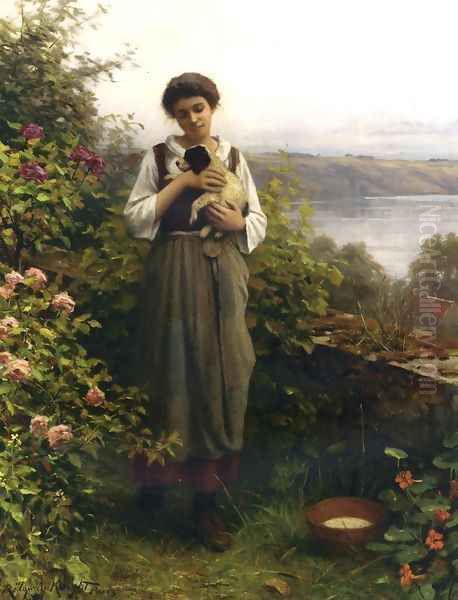 Young Girl Holding A Puppy Oil Painting by Daniel Ridgway Knight