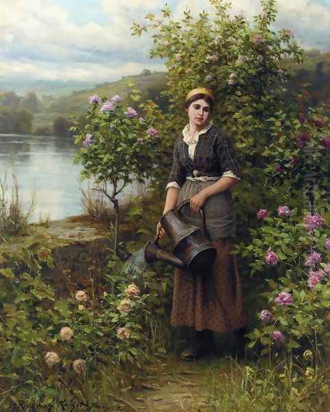 Watering The Garden Oil Painting by Daniel Ridgway Knight