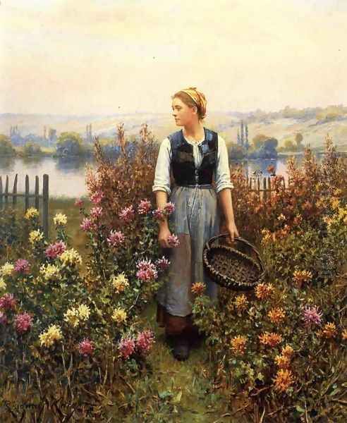 Girl With A Basket In A Garden Oil Painting by Daniel Ridgway Knight