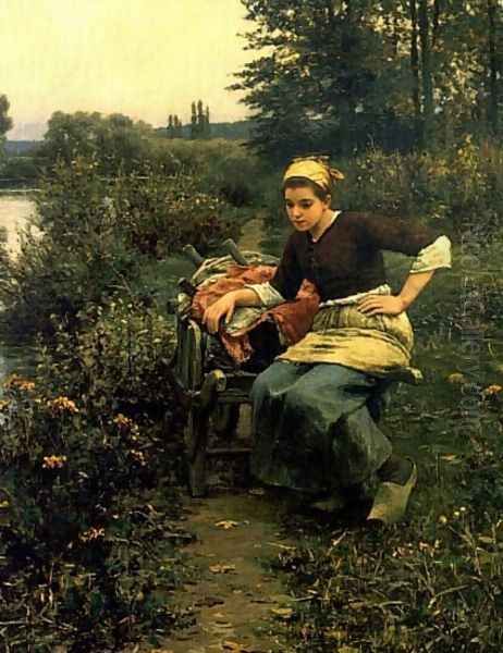 Woman In Landscape Oil Painting by Daniel Ridgway Knight