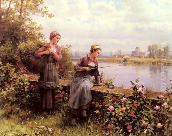 Maria And Madeleine Fishing Oil Painting by Daniel Ridgway Knight