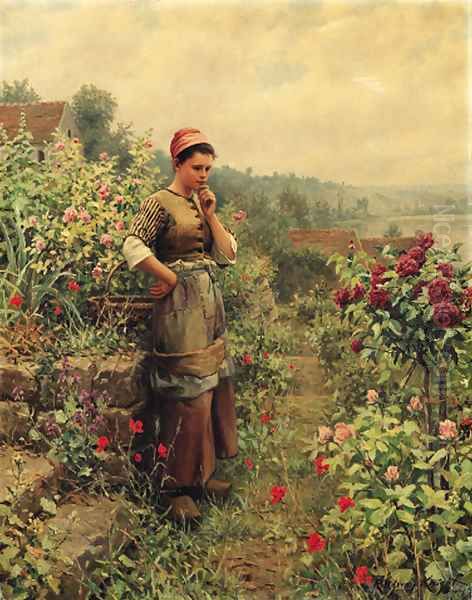 In a Normandy Garden Oil Painting by Daniel Ridgway Knight