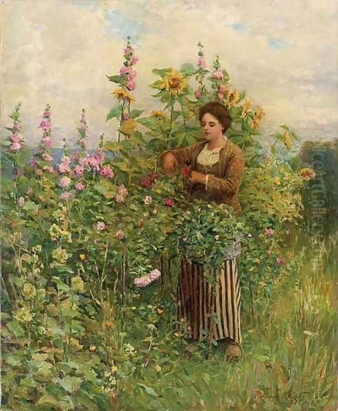 In the Flower Garden Oil Painting by Daniel Ridgway Knight