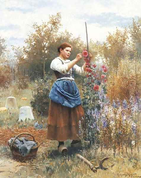 Tying up the Hollyhocks Oil Painting by Daniel Ridgway Knight