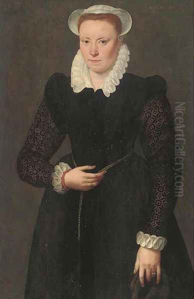 Portrait of a lady, aged 28, three-quarter-length, in a black dress with brocade sleeves, white collar, cuffs and bonnet and with a gold chain around Oil Painting by Adriaan Key