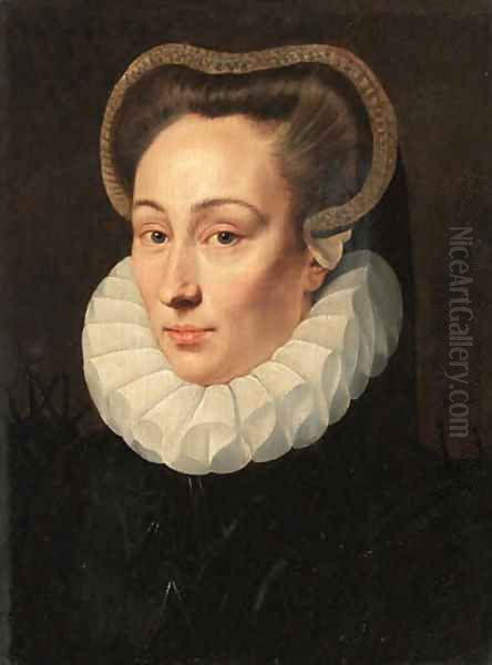 Portrait of a lady, bust-length, in a black brocade dress with an organza ruff Oil Painting by Adriaan Key