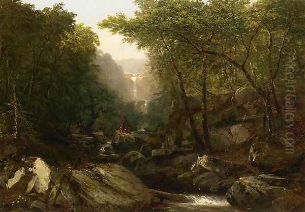 Waterfall in the Woods with Indians Oil Painting by John Frederick Kensett