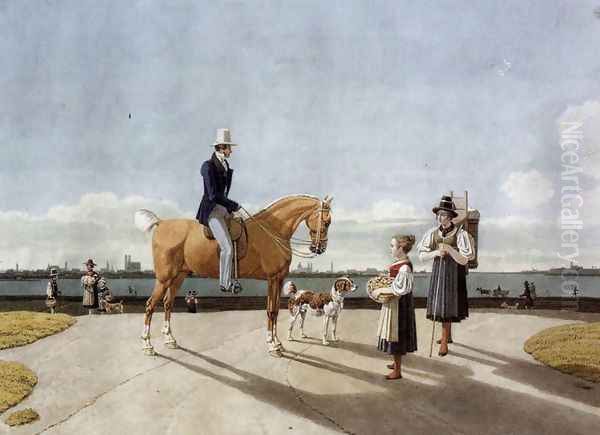 Gentleman on Horseback and Country Girl on the Banks of the Isar near Munich 1831 Oil Painting by Wilhelm Von Kobell