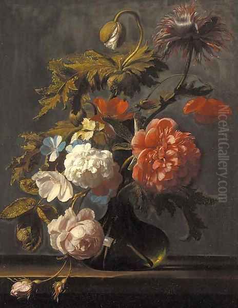 Tulips, roses, peonies, poppies and other flowers in a glass vase on a ledge Oil Painting by Cornelis Kick