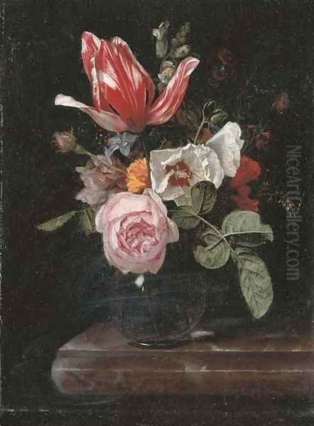 Roses, peonies, a tulip and other flowers in a glass vase on a stone ledge Oil Painting by Cornelis Kick