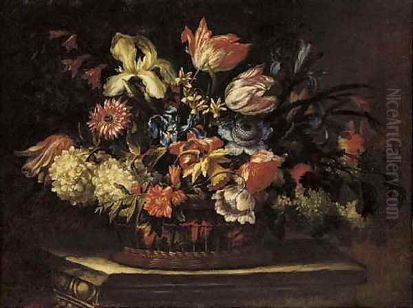 Tulips, irises, daffodils, poppies and other flowers in a basket on a plinth Oil Painting by Cornelis Kick