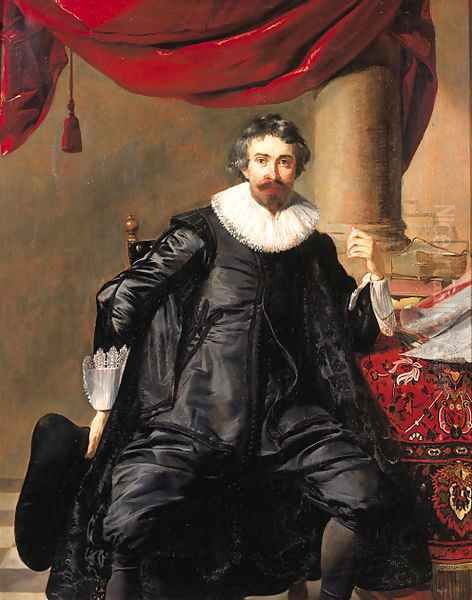 Portrait of a gentleman, in his forties, seated small full length by a table before a draped column Oil Painting by Thomas De Keyser