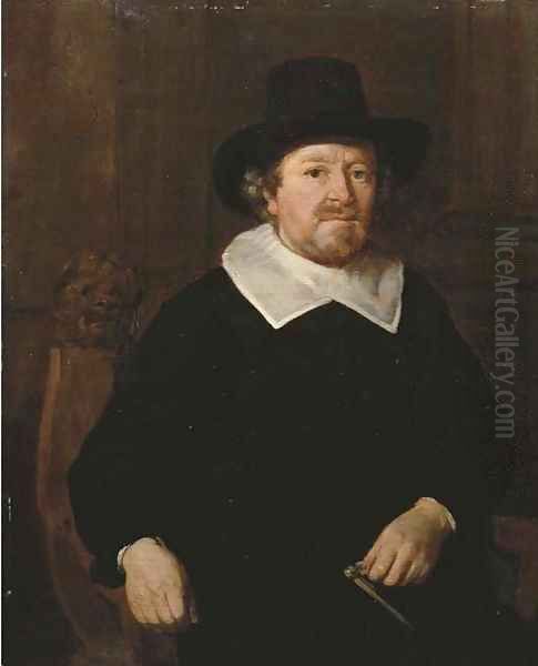 Portrait of a gentleman, three-quarter-length, in a black costume with white collar and black hat Oil Painting by Thomas De Keyser