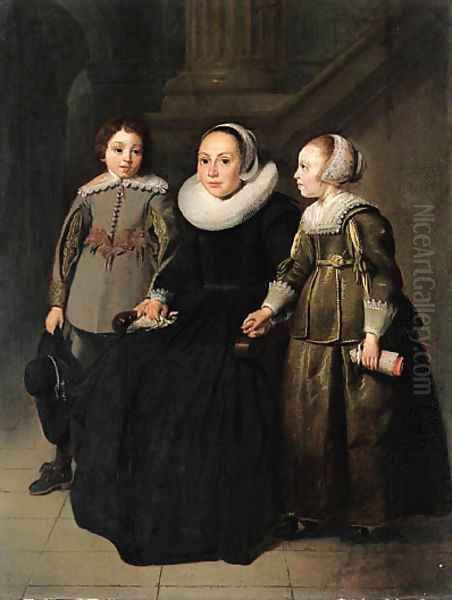 Portrait of a lady with her son in a grey doublet with slashed Oil Painting by Thomas De Keyser