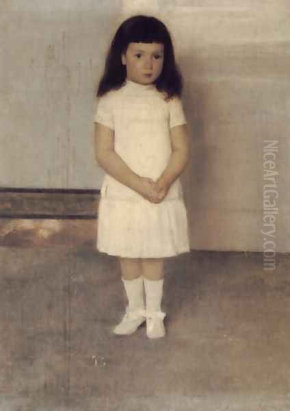 A Portrait of a Standing Girl in White Oil Painting by Fernand Khnopff