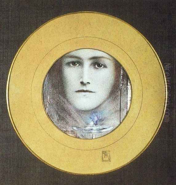 Brown Eyes and a Blue Flower Oil Painting by Fernand Khnopff