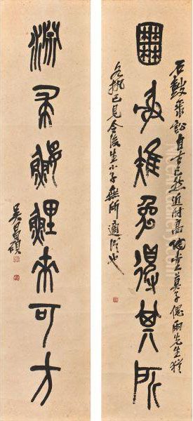 Calligraphy Couplet In Shiguwen Oil Painting by Wu Changshuo