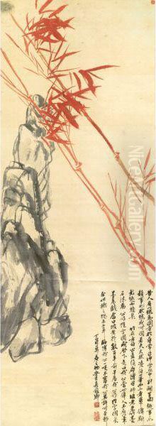 Red Bamboo And Rock Oil Painting by Wu Changshuo