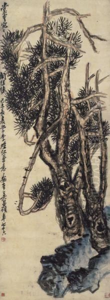 Exotic Pine And Grotesque Rock Oil Painting by Wu Changshuo